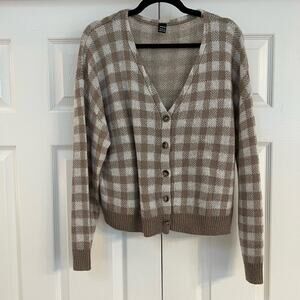 SHEIN Plaid Button Down V Neck Cardigan Light Brown/Cream